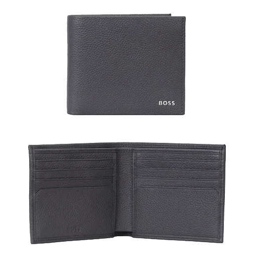 This Highway Navy Grained Leather 8CC Wallet by BOSS has 8 card compartments inside the bifold and a banknote compartment.