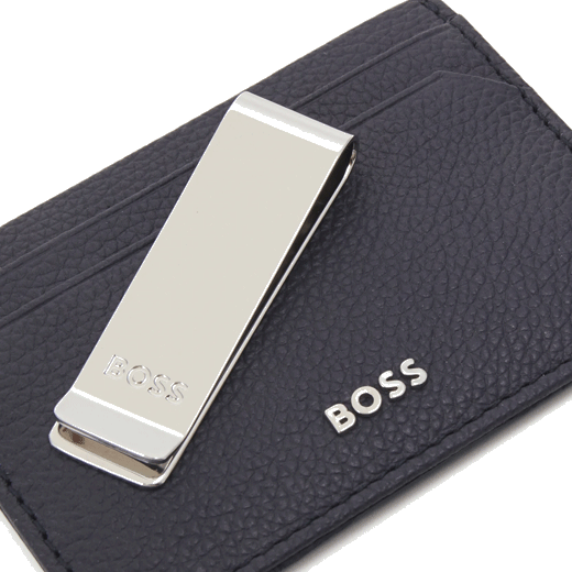 this Highway Navy Leather 2CC Card Holder Money Clip by BOSS comes with a polished silver money clip that is made out of brass.