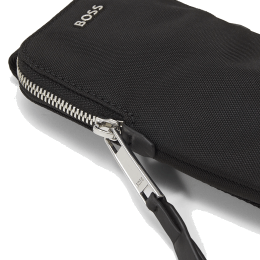 This Highway Nylon 2CC Phone Pouch by BOSS has the brand name engraved on the zip pull and silver lettering on the front.