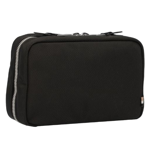This BOSS Highway Wash Bag Black with Two-way Zip has a dual zip into the main compartment with silver hardware and leather trims.