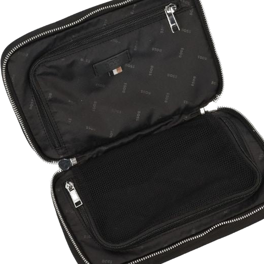 This Highway Wash Bag Black with Two-way Zip by BOSS has a mesh compartment and separate L-shape zip pocket.