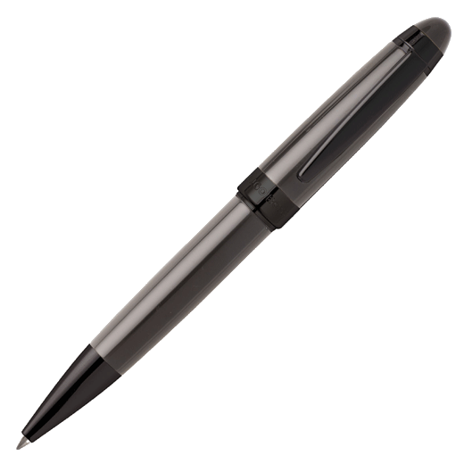 This Icon Grey & Gunmetal Rollerball Pen by Hugo Boss has the brand name engraved onto the bottom of the cap.
