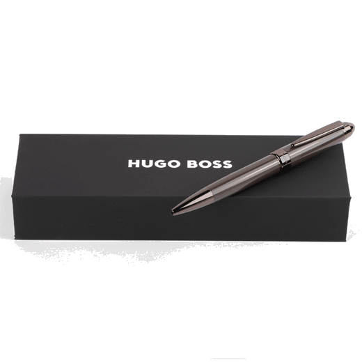 This Icon Grey & Gunmetal Rollerball Pen is by Hugo Boss and features a smooth grey barrel and cap with dark gunmetal trims.