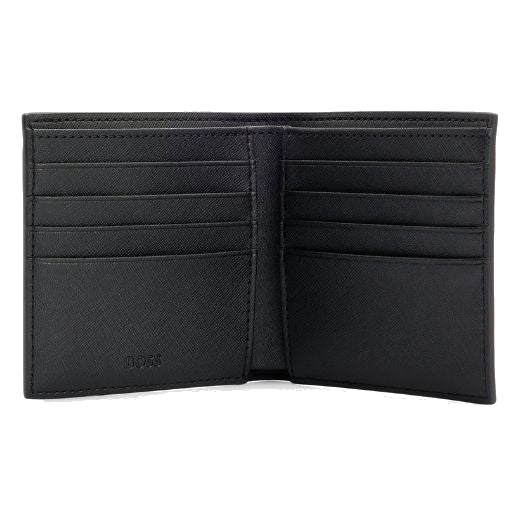 The interior of this BOSS Icon Monogram 8CC Bifold Wallet has a polyurethane saffiano textured leather.