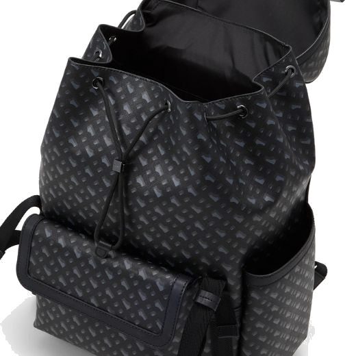 This BOSS Icon Monogram Print Faux Leather Backpack has side slip pocket for a drinks bottle and a front pocket with a flap closure.