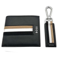 This Hugo Boss wallet and keyring gift set comes in a black leather with a stripe design.