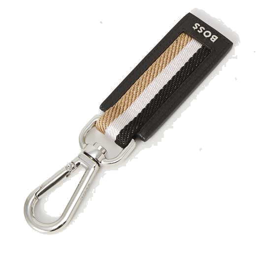 The BOSS logo has been printed onto the bottom of the black leather keyring.