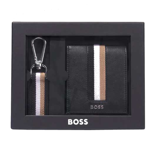 BOSS black leather keyring and wallet gift set comes in its own bespoke gift box.