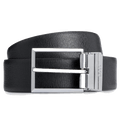 This BOSS Interchangeable Plaque & Pin Buckle Reversible Belt Black has textured saffiano leather on one side and plain black leather on the other.
