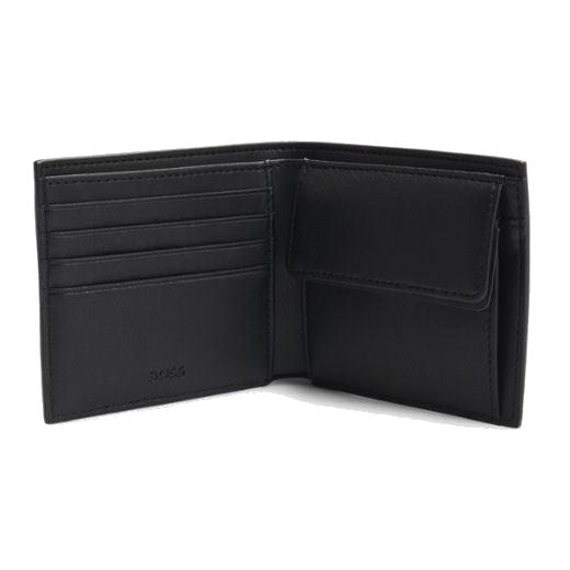 This BOSS Jinko Dark Blue 4CC Bifold Coin Wallet has 4 card slots inside with a coin pouch, two slip pockets, and a full-length banknote compartment.