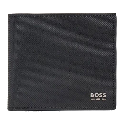 This BOSS Jinko Dark Blue 8CC Bifold Wallet is made with textured faux leather and a plain PU leather inside in black.