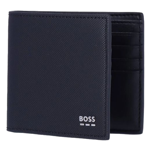 This BOSS Jinko Dark Blue 8CC Bifold Wallet has the brand name on the front in silver lettering.
