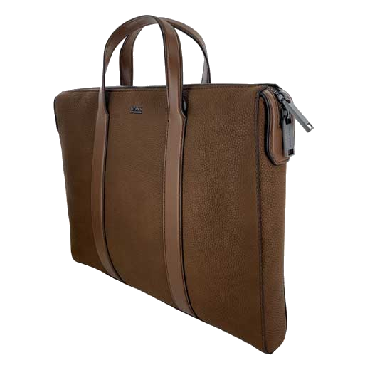 This Boss brown leather bag comes with two fixed handles at the top for carrying.