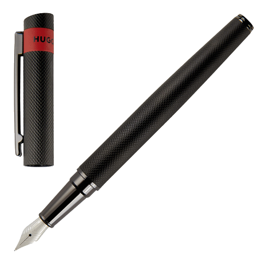 This Loop Diamond Fountain Pen Black and Red by Hugo Boss has a red band on the cap with the brand name.