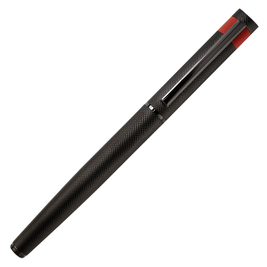 This Hugo Boss Loop Diamond Fountain Pen Black and Red has a textured pattern and a gunmetal clip and trim.