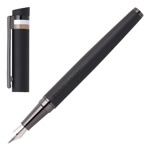 This Hugo Boss Loop Iconic Fountain Pen Black has gunmetal accents and a clip that can be engraved at the time of ordering.