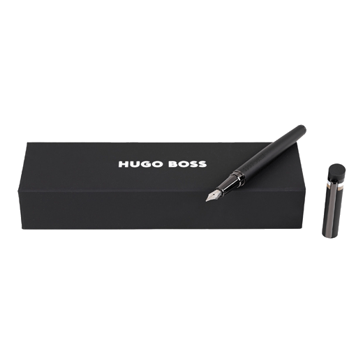 This Hugo Boss Loop Iconic Fountain Pen Black features the signature three-stripe detail on the cap and also has the brand name embossed on the barrel.