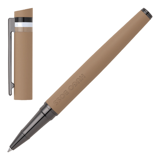 The Loop Iconic Rollerball Pen Camel by Hugo Boss features the brand name on the barel along the side.