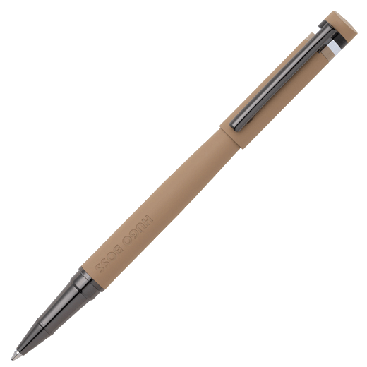 This Loop Iconic Rollerball Pen Camel by Hugo Boss features the signature three-stripe on the cap and also has the brand name down the barrel.