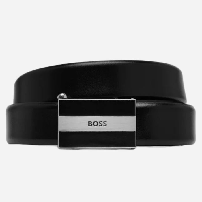 The BOSS Men’s Icon Leat Smooth Black Leather Belt with Plaque Buckle by BOSS.