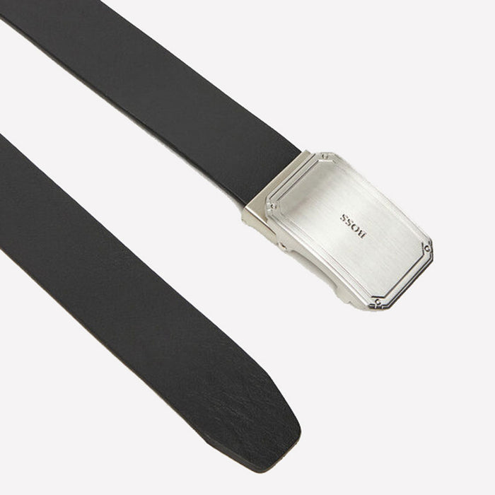 This Hugo Boss leather belt comes with black leather and a metal silver buckle.