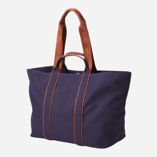 Back view of the Navy Blue and Copper Palmah Tote with Logo Straps.