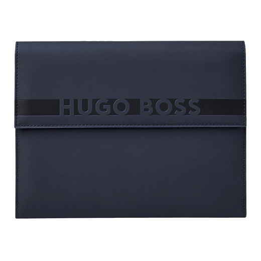 This Navy Vegan PU Leather Cloud A5 Folder is by Hugo Boss and has the brand name embossed on the front.