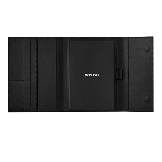 This Hugo Boss Navy Vegan PU Leather Cloud A5 Folder has a notepad refill inside and a pen loop.
