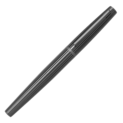 This Nitor Brass Fountain Pen Gunmetal by Hugo Boss is made with brass and has the brand name embossed along the edge of the cap.