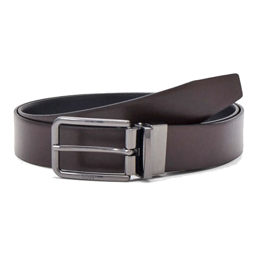 This Ocalis Gunmetal Pin Buckle Reversible Leather Belt by BOSS has a polished gunmetal pin buckle with the brand name engraved along the edge.