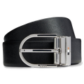 This BOSS Otif Reversible Italian Leather Belt with Signature Stripe Inlay is made out of Italian leather with one plain side in brown and the other in black saffiano.
