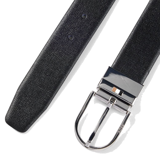 This Otif Reversible Italian Leather Belt with Signature Stripe Inlay by BOSS has a saffiano-textured black leather on one side.