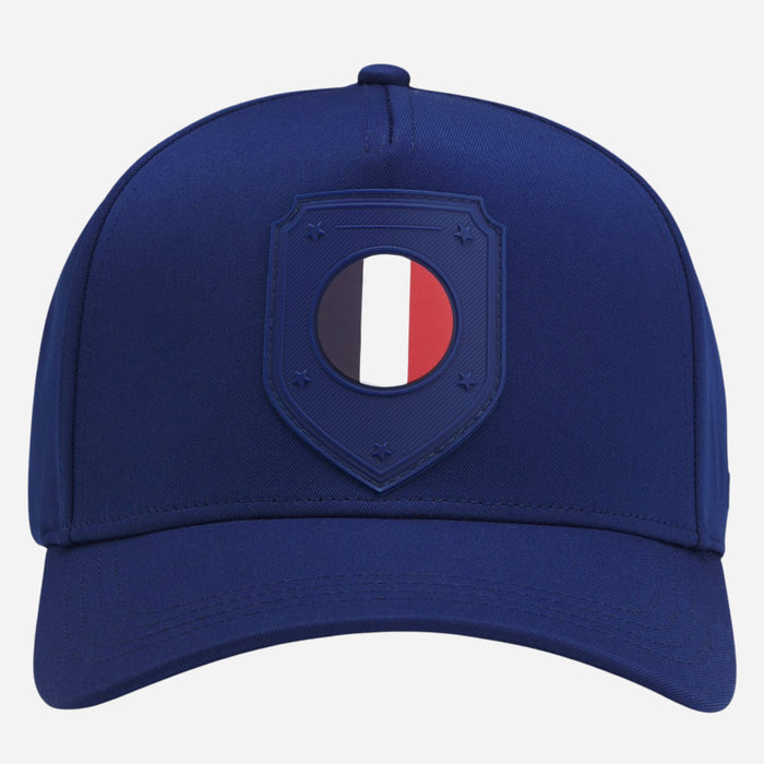 Front view of the BOSS Poulin-BC D'LUX-Flag Blue Polyester Twill Cap with France Flag Badge.