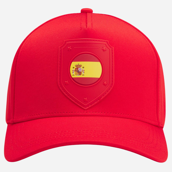 Front view of the BOSS Poulin-BC D'LUX-Flag Red Polyester Twill Cap with Spain Flag Badge.