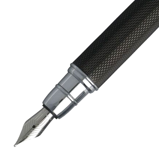 Hugo Boss Pure fountain pen close up of the steel nib with line pattern engraved.