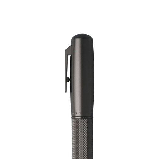 Close up of the cap on the Pure Hugo Boss fountain pen which has been adorned with the company brand name.