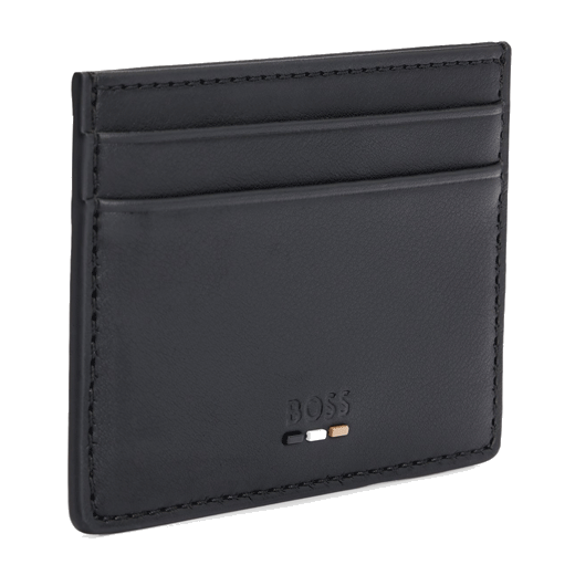This Ray 4CC Faux Leather Card Holder by BOSS has the brand name blind embossed on the front with a raised three-stripe line.
