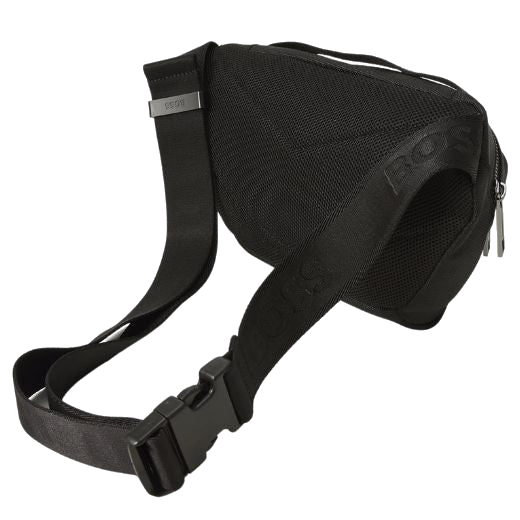 The Ray Black Fabric Zipped Bumbag with Signature Trims is secured with an adjustable clip-in strap, and features a grab handle as well.