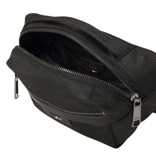 Inside the Ray Black Fabric Zipped Bumbag with Signature Trims is a zipped pocket for increased organization.