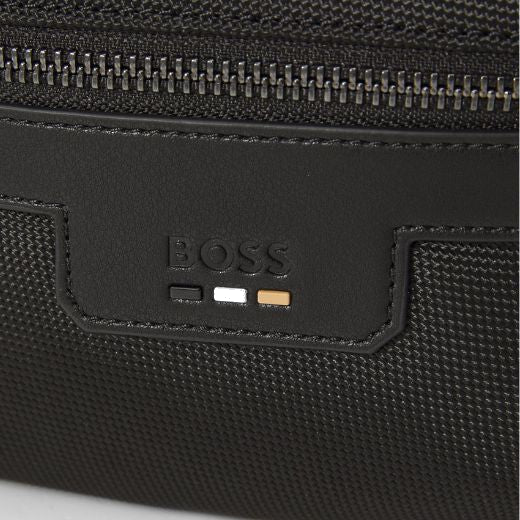 The embossed BOSS logo and signature stripes feature on the front of the Ray Black Fabric Zipped Bumbag with Signature Trims, underneath a secondary front zipped pocket.