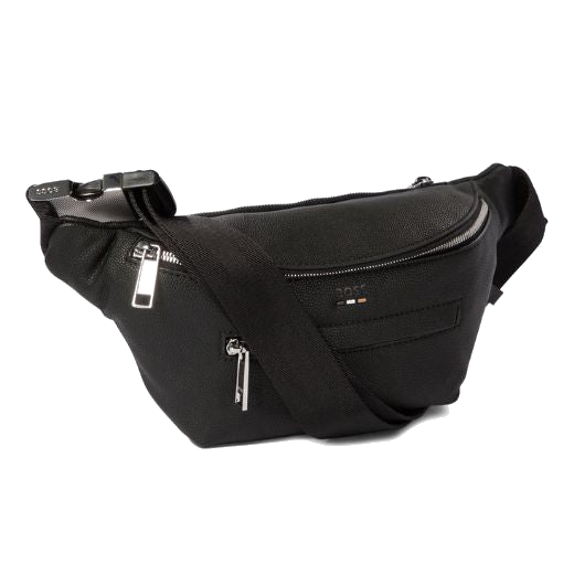 This BOSS Ray Black Faux Leather Belt Bag has polished silver hardware with the BOSS brand name engraved subtly on the zip pulls.