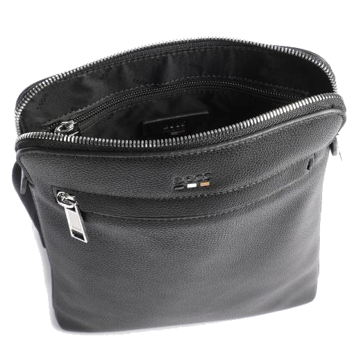 This Ray Black Faux Leather Envelope Bag by BOSS has a polyester lining in black with the BOSS brand name.