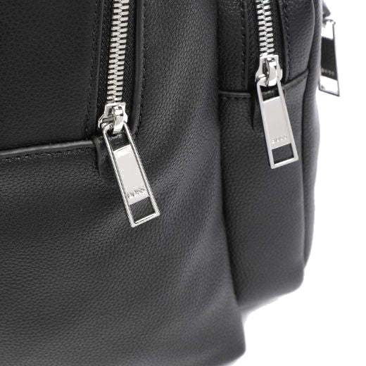 This Ray Faux Grained Leather Backpack by BOSS has polished silver hardware including the zip pulls which have the BOSS brand name engraved in tiny lettering.