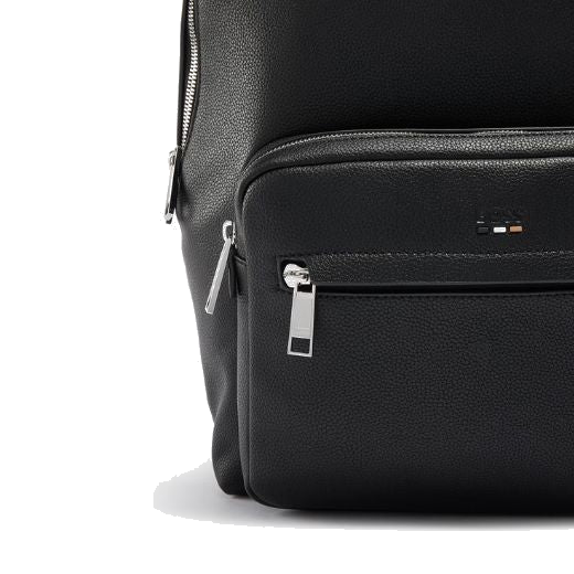 This Ray Faux Grained Leather Backpack by BOSS has a front zip compartment and the main compartment which has a spacious interior.