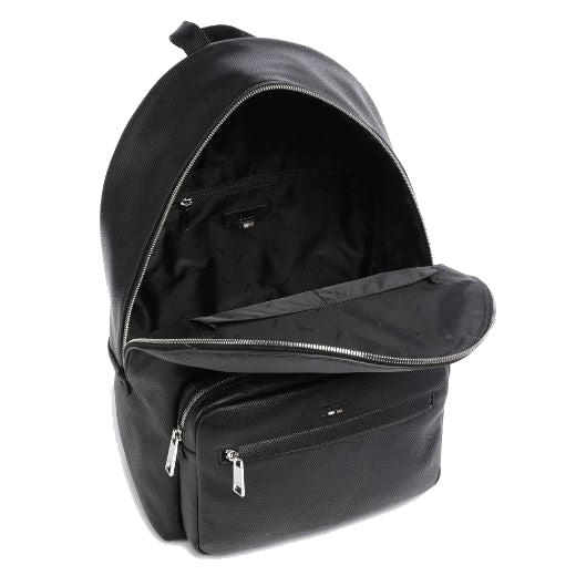 The interior lining of this BOSS Ray Faux Grained Leather Backpack is in black polyester with the BOSS brand name all over, keeping it subtle.