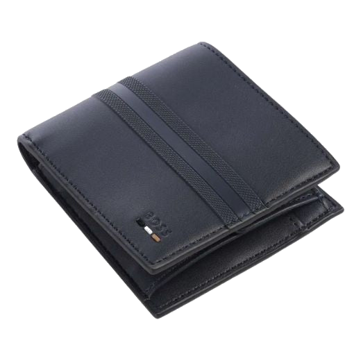 The BOSS brand name is embossed on the front of the Ray Faux Leather Navy Blue 4CC Wallet with RFID-Blocking.