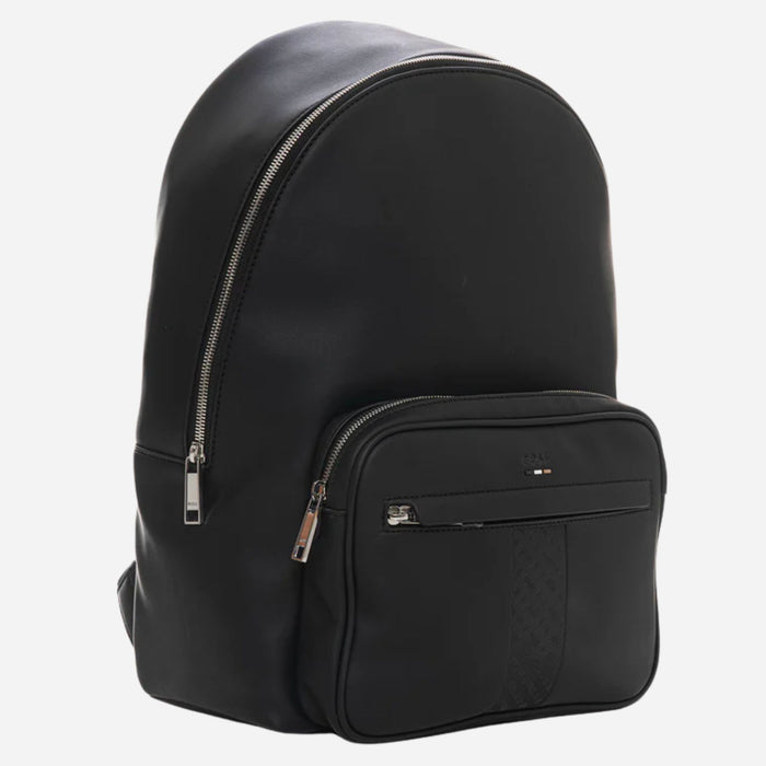 Side view of the Ray MS Black Backpack with Three Stripe and Patterned Detail.