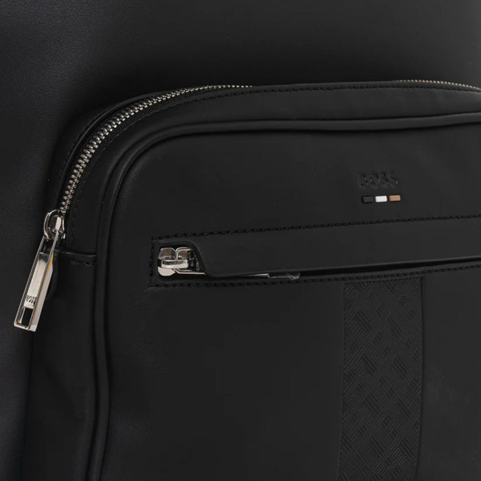 Front zipped pocket and zipped pouch on the Ray MS Black Backpack with Three Stripe and Patterned Detail.
