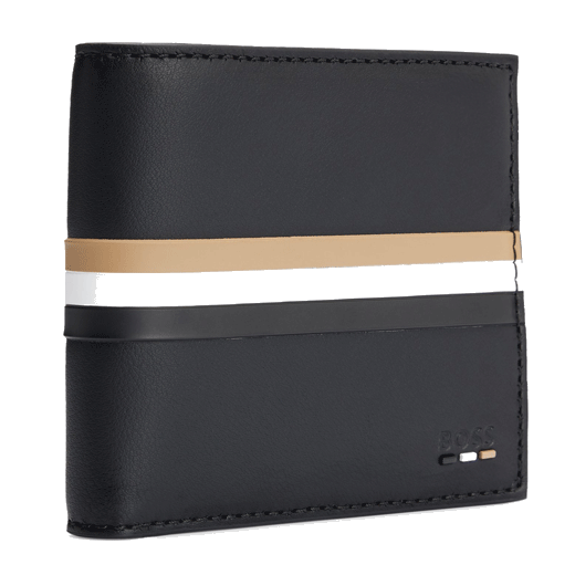 This BOSS Ray Signature Stripe Faux Leather 8CC Wallet is made out of PU leather with a polyester lining.