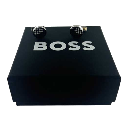 This pair of silver cufflinks from the BOSS collection feature a black hounds tooth design on the inside.